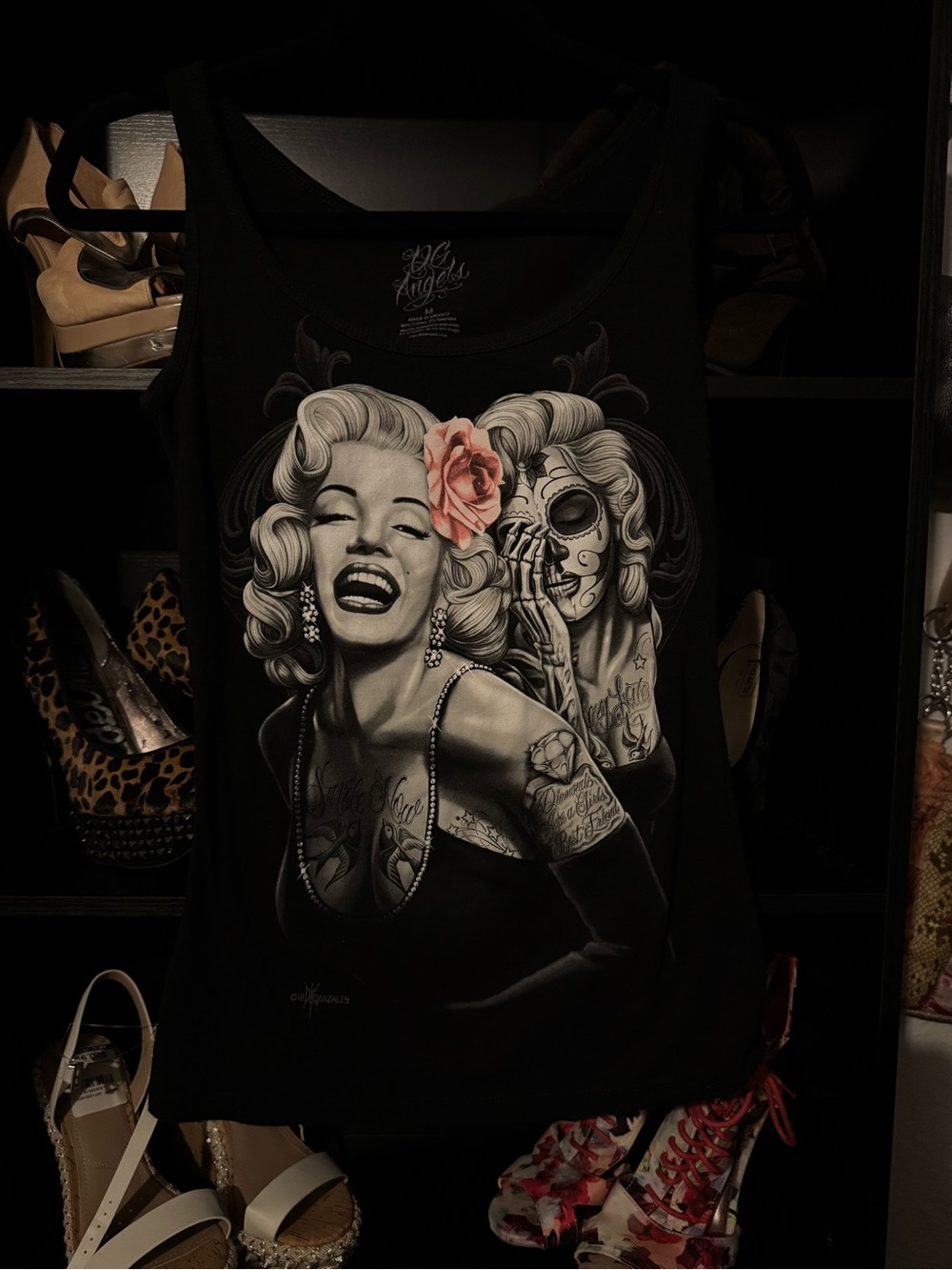 Angels Black Tank Top with Marilyn Graphic and Pink Rose